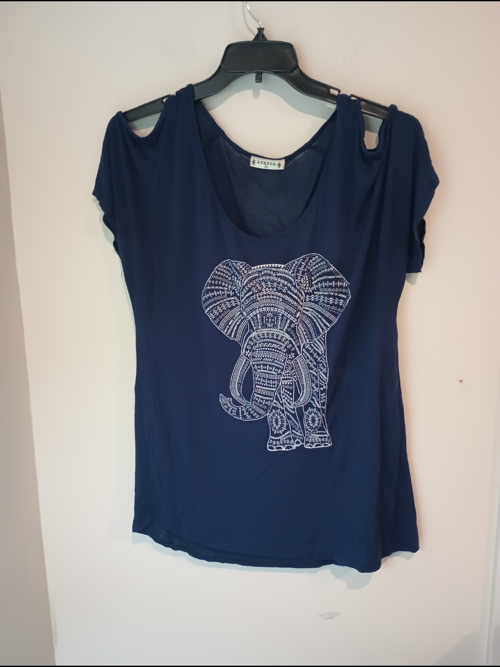 Agenda Navy Short Sleeve Tee with White Elephant Motif and Cutout Shoulders